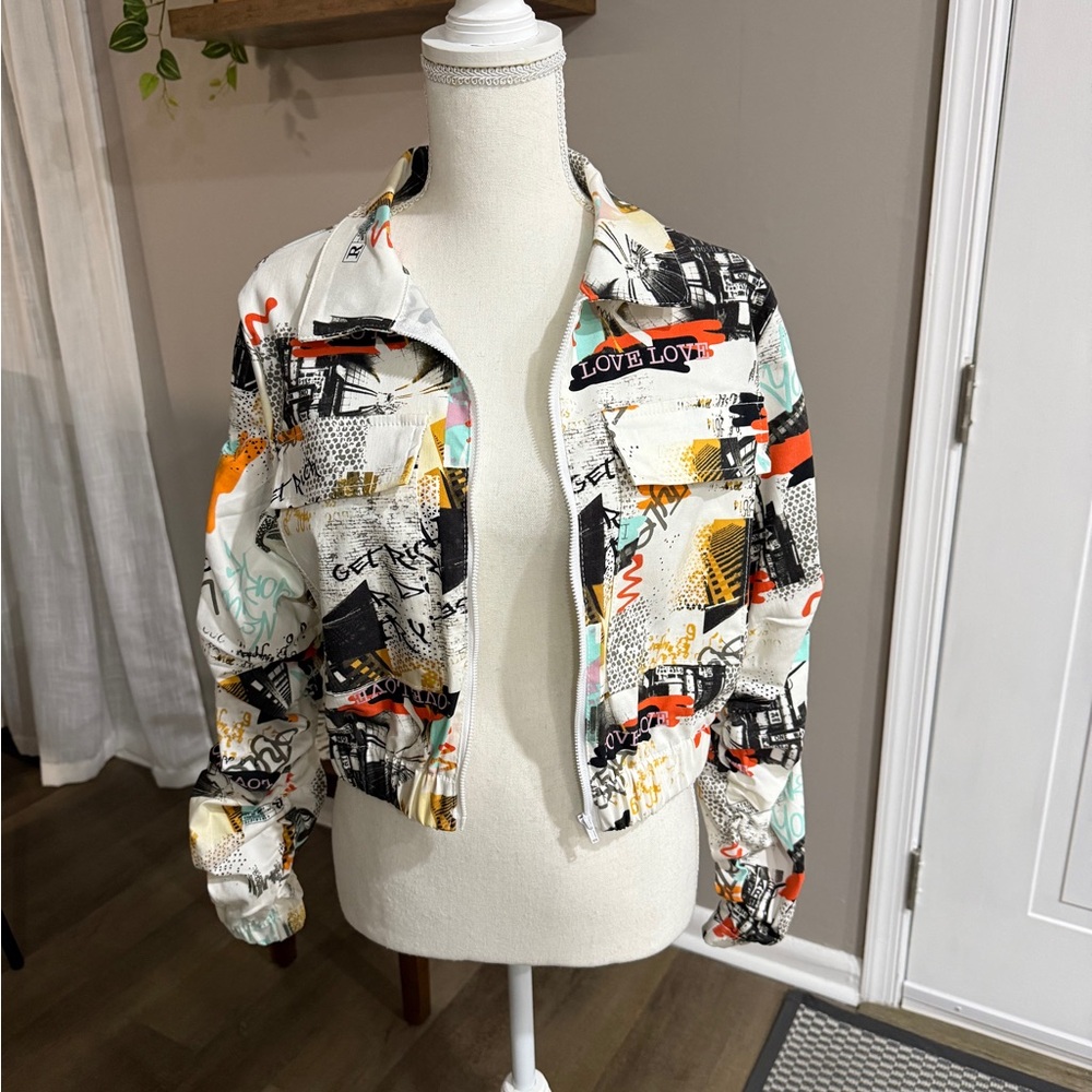 “Like an Angel” brand Women’s Multicolor Graphic Bomber Jacket, Sz. L.